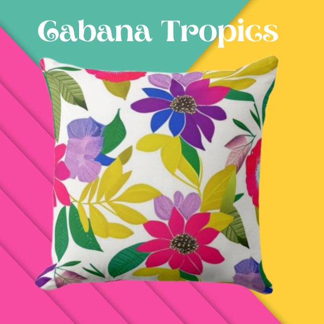 Coussin Flore Tropicale Colorée Rose, Violet, Jaune (Créateur téléchargé)