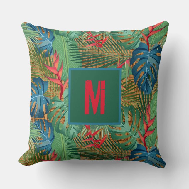 Coussin Flore tropicale monogramme sur l'impression en osi (Recto)