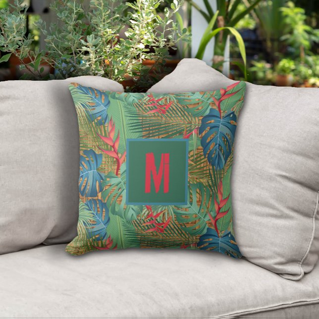 Coussin Flore tropicale monogramme sur l'impression en osi (Monogrammed Tropical Floral on Wicker Print Outdoor Pillow - 2 sizes)