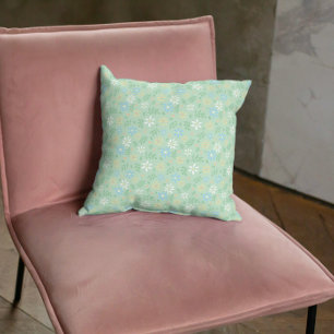 Coussin Flore verte douce avec Fleurs Bleues Jaunes Blance