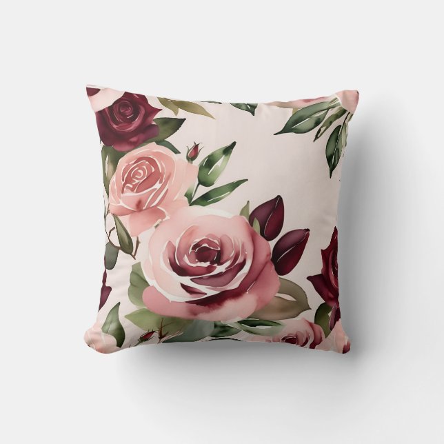 Coussin Flores romantiques Aquarelle Roses Bourgogne (Recto)