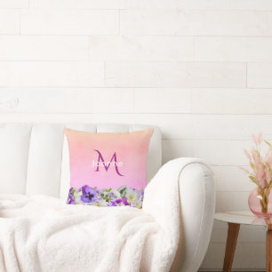 Coussin Flores rose violet nom monogramme