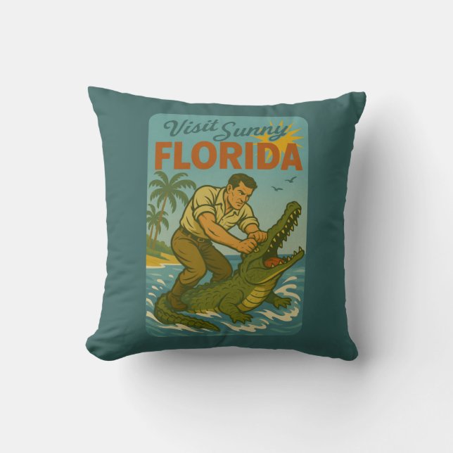 Coussin Florida Alligator Wrestling | Funny Retro Coastal (Recto)