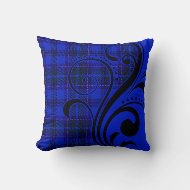 Coussin Flourish de plaid par noir de cobalt de Cheryl (Recto)
