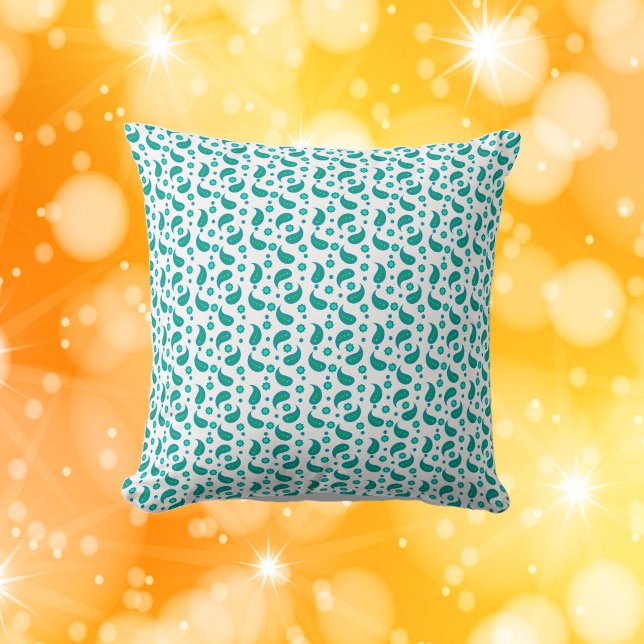 Coussin Flower Paisley Polka Dot Pattern Green Blue (A pillow with a pattern of paisley, flowers and polka dots in green and blue)