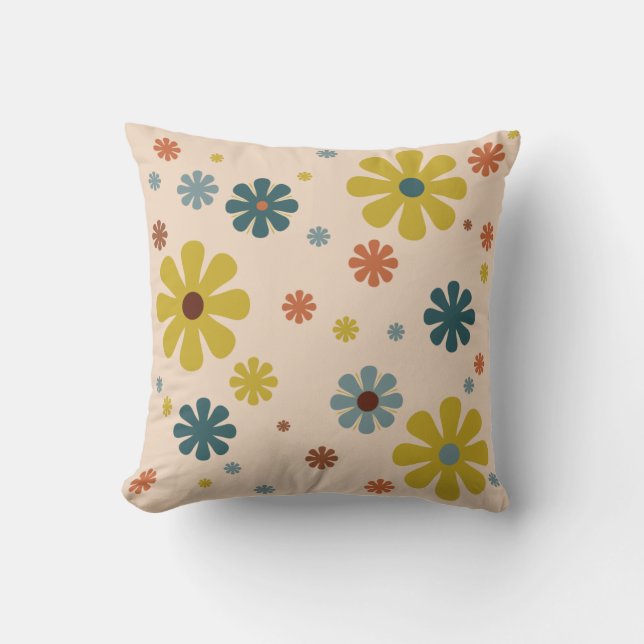 Coussin Flower Power Retro 60s Pattern Mustard Blue Orange (Recto)