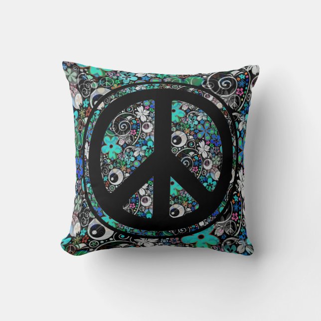 Coussin Flower Power signe de paix II + votre backgr. & id (Recto)