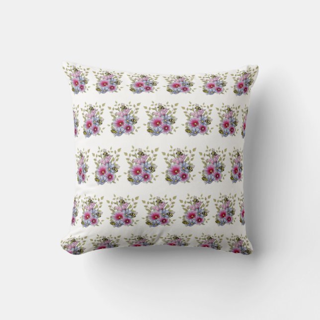 Coussin FLOWERS & BEES Digital Drawing, Pink Hollyhocks (Recto)