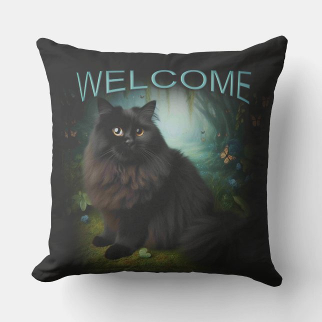 Coussin Fluffy Chat noir en Misty Woods Bienvenue (Recto)