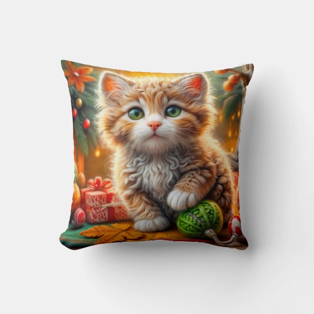 Coussin Fluffy Christmas Kitten Jeu d'oreiller (Recto)