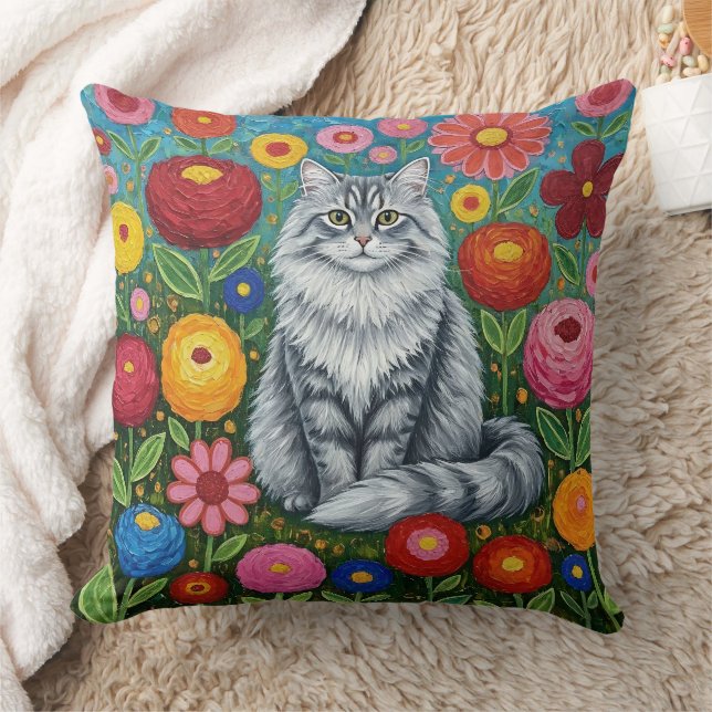 Coussin Fluffy Gray Striped Cat with Folk Art Flowers (Couverture)