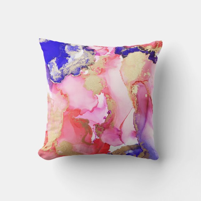 Coussin Fluid Art Abstrait rose violet or métal (Recto)
