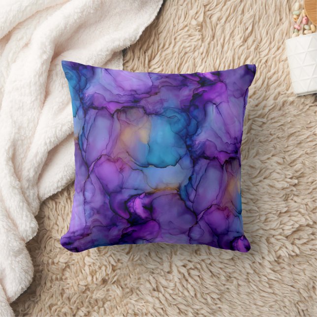 Coussin Fluide d'encre alcoolique marbré bleu violet et sa (Couverture)