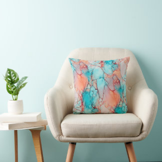 Coussin Fluide Marbré Bleu Sarcelle et Orange Corail