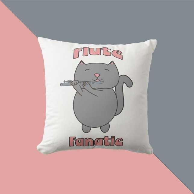 Coussin Flûte Fanatique Musicale Chat Rose Flûte (A throw pillow featuring a gray cat playing the flute and the text Flute Fanatic in pink.)