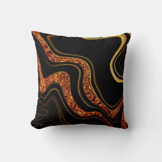 Coussin Flux d'Obsidienne Dorée – Art Fluide Noir & Or (Recto)