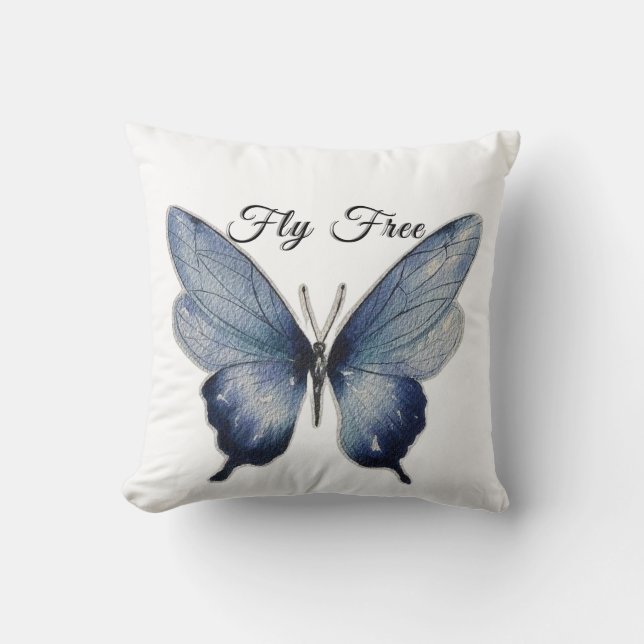 Coussin Fly Free – Conception Artistique Papillon Bleu (Recto)