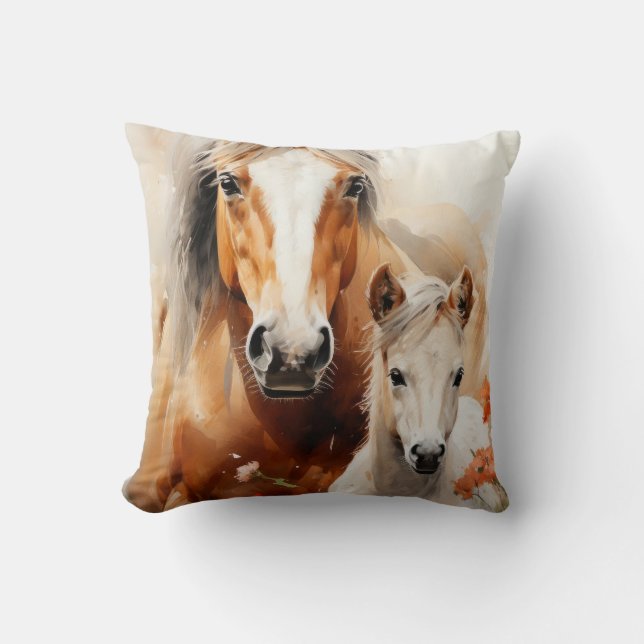 Coussin Foal et cheval dans la prairie de pavot (Recto)