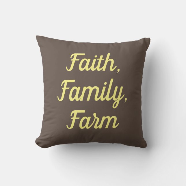 Coussin Foi, famille, ferme, selle marron et jaune  (Recto)