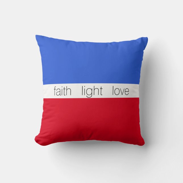 Coussin Foi Lumière Amour sur Bleu, Rouge et Blanc (Recto)