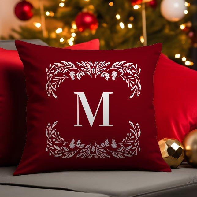 Coussin Foliage d'hiver à la main Monogramme Noël (Créateur téléchargé)
