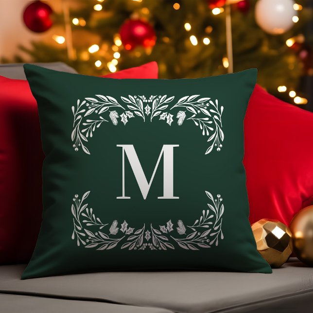 Coussin Foliage d'hiver à la main Monogramme Noël (Créateur téléchargé)