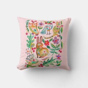 Coussin Folk Art Floral Animal Friends Blush Pink