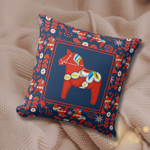 Coussin Folk Art Rouge Dala suédois Cheval et Motif