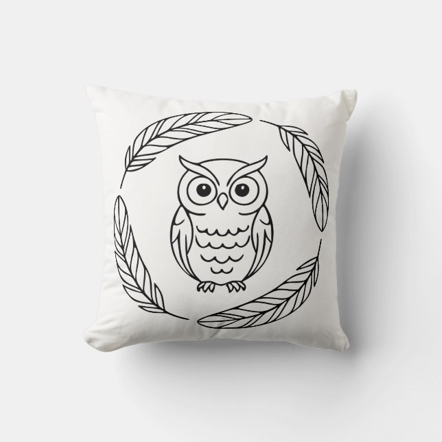 Coussin Folk Owl Line Art Surrounded by Feathers (Recto)