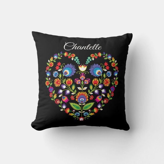 Coussin Folklore cœur, style Wycinanki avec nom  (Recto)