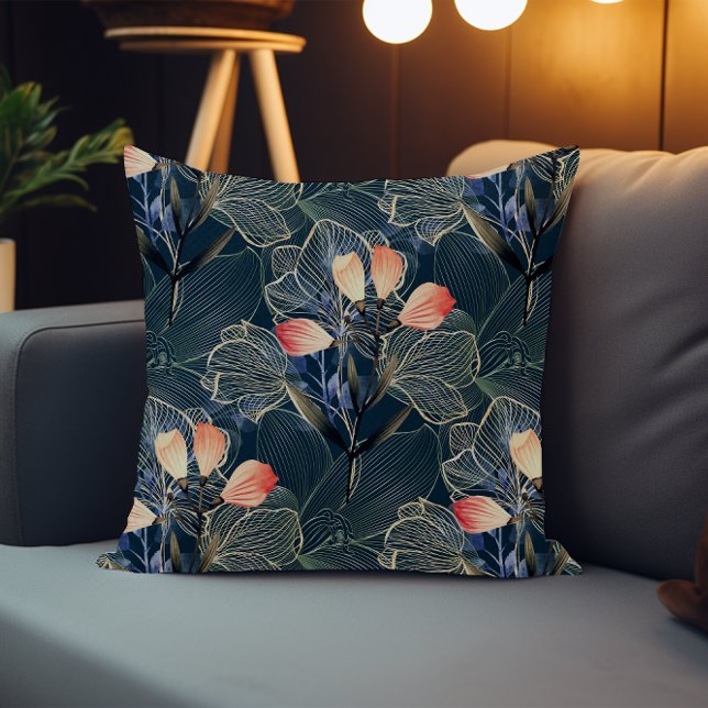 Coussin Foncé moderne élégant Boho Floral Blue (Créateur téléchargé)