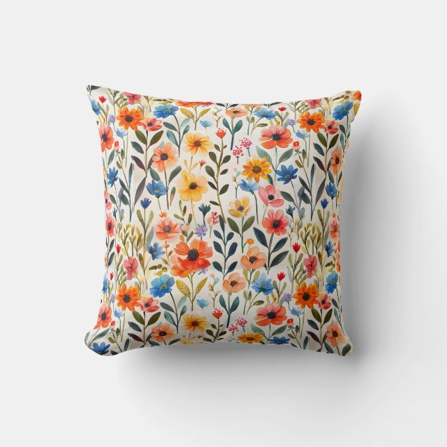 Coussin Fond de fleurs sauvages de printemps à l'aquarelle (Recto)