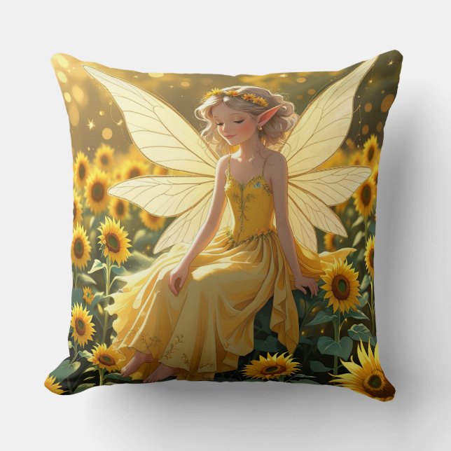 Coussin Fond de tournesol avec une fée  (Recto)