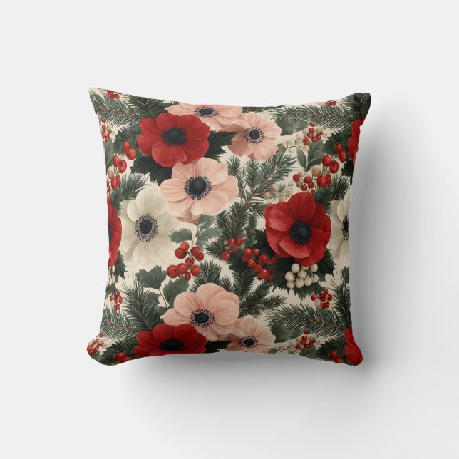 Coussin Fond floral d'anémone de Joyeux Noël (Recto)