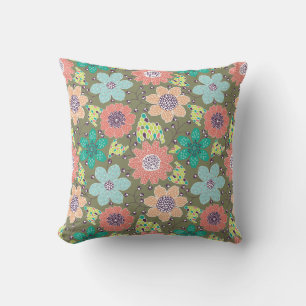 Coussin Fond vert doux à motif de fleurs multicolores