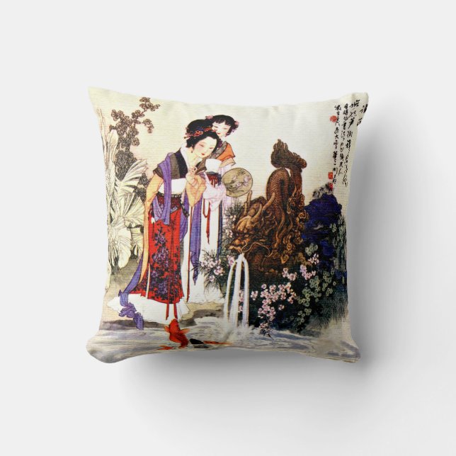 Coussin Fontaine Dragon Et Filles À L'Étang (Recto)