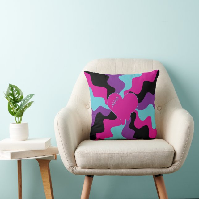 Coussin Fonte cardiaque - rose, violet, bleu et noir (Chaise)