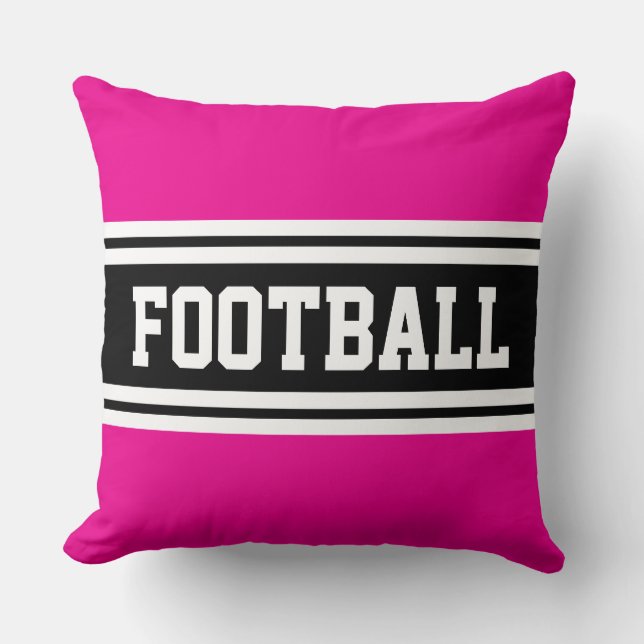 Coussin FOOTBALL rose vif noir blanc rayures de course (Recto)
