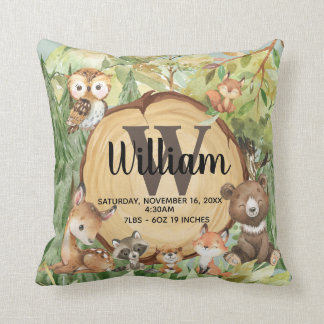 Coussin Forest Woodland Animal Monogramme Birth Stats Cous