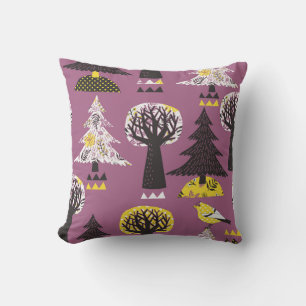 Coussin Forêt colorée avec oiseaux, tuile transparente.
