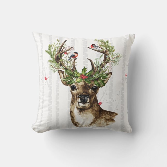Coussin Forêt d'arbre de bouleau avec un cerf commun de (Recto)
