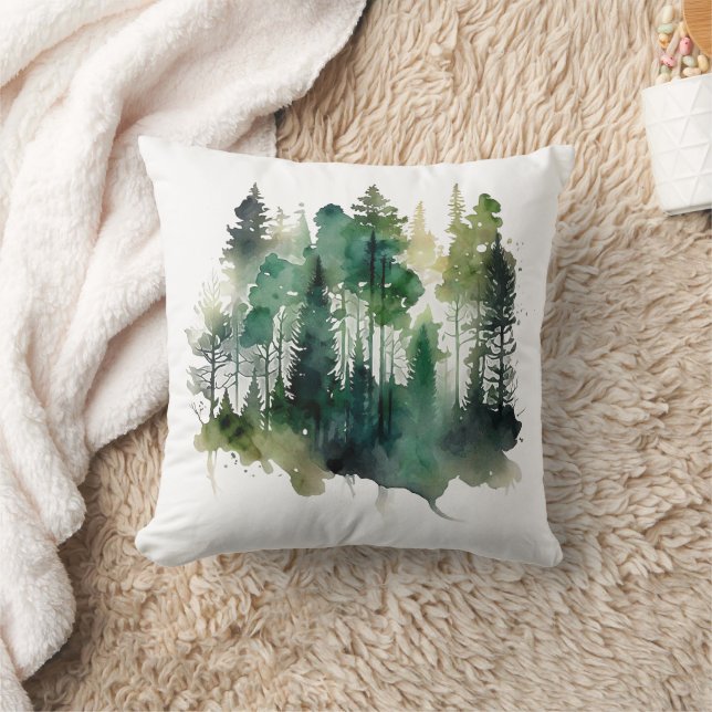 Coussin Forêt d'arbres à l'aquarelle Nature Verts Bruns (Couverture)