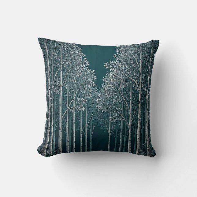 Coussin Forêt d'arbres blancs et bouleaux de teinte sarcel (Recto)