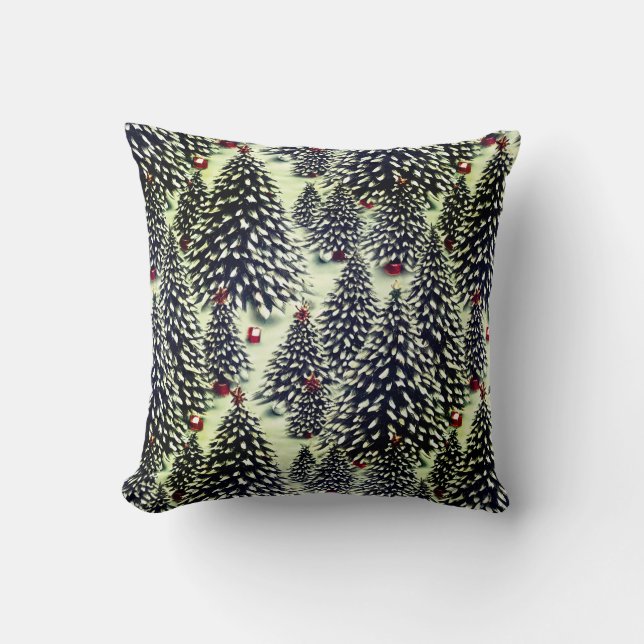 Coussin Forêt d'arbres de Noël couverts de neige (Recto)