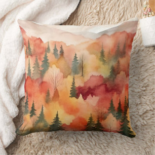 Coussin Forêt d'automne à l'aquarelle impressionniste doré