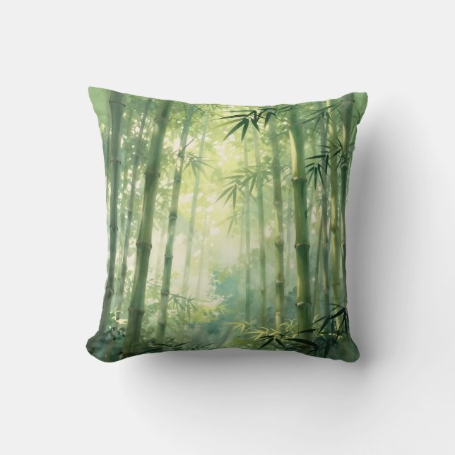 Coussin Forêt de bambou sereine lueur de brume (Recto)