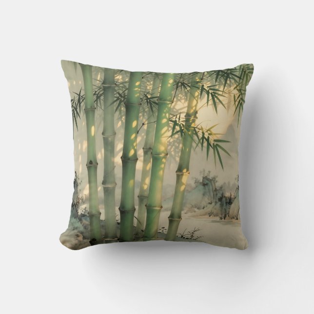 Coussin Forêt de bambou vert encre chinoise (Recto)