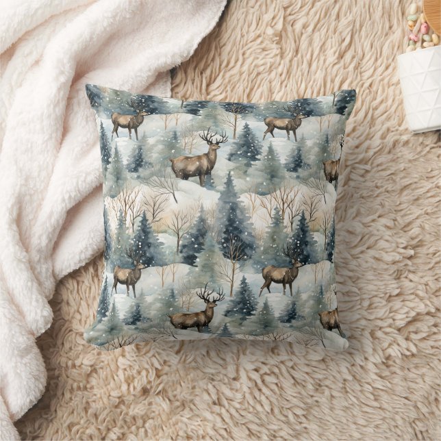 Coussin Forêt de cerfs à l'aquarelle hivernale (1) (Couverture)