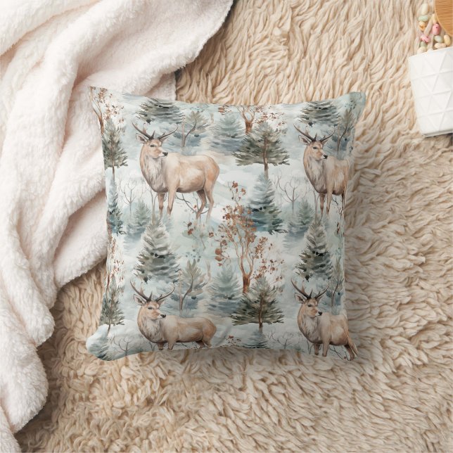 Coussin Forêt de cerfs aquarelle d'hiver (6) (Couverture)