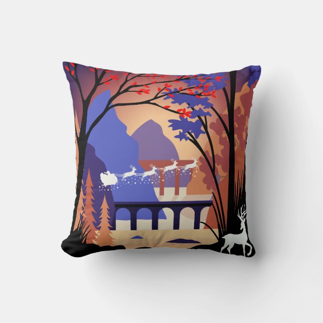 Coussin Forêt de Crépuscule Noël Santa Traîneau (Recto)